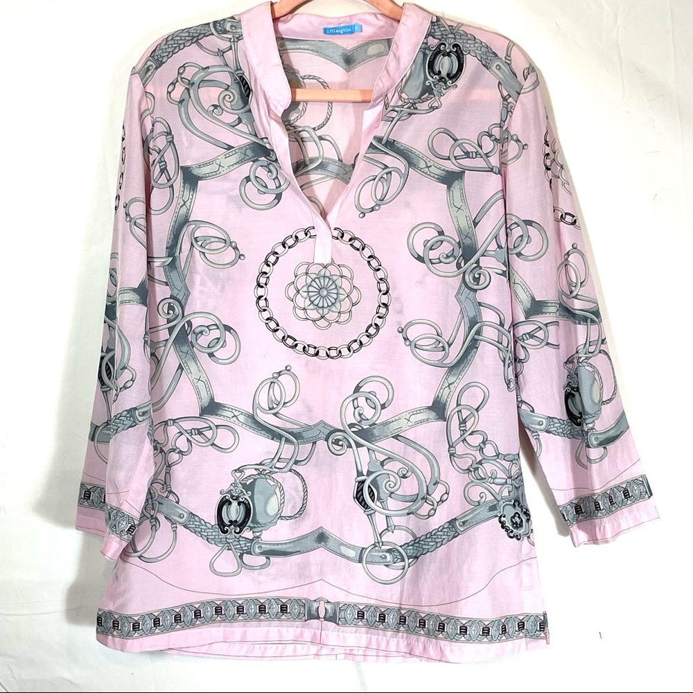 J. McLaughlin Silk Blend Tunic Shirt in Pink and Gray Chain Print